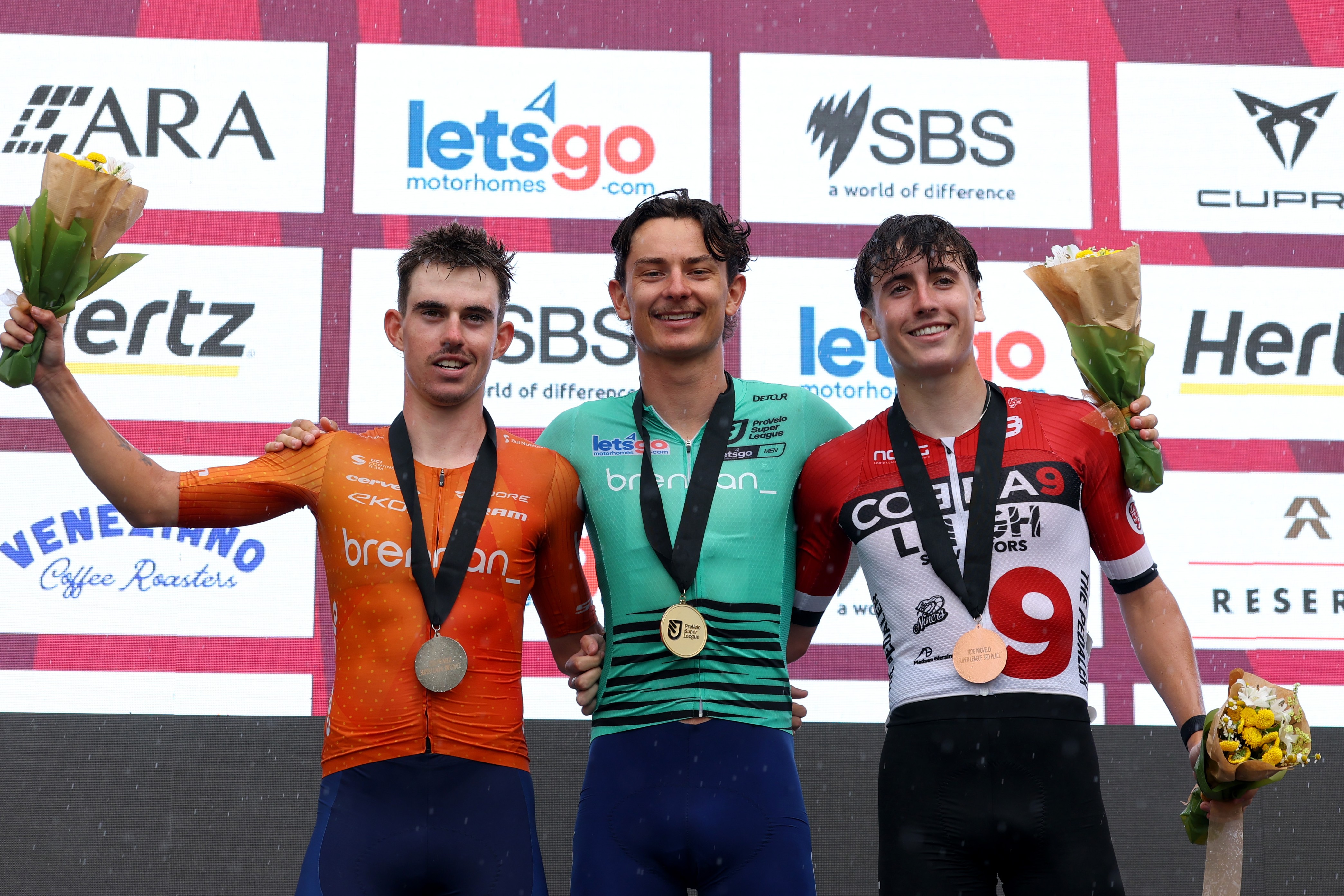 Oliver Bleddyn, Levi Hone and Oliver Sims on the overall podium of the 2026 ProVelo Super League